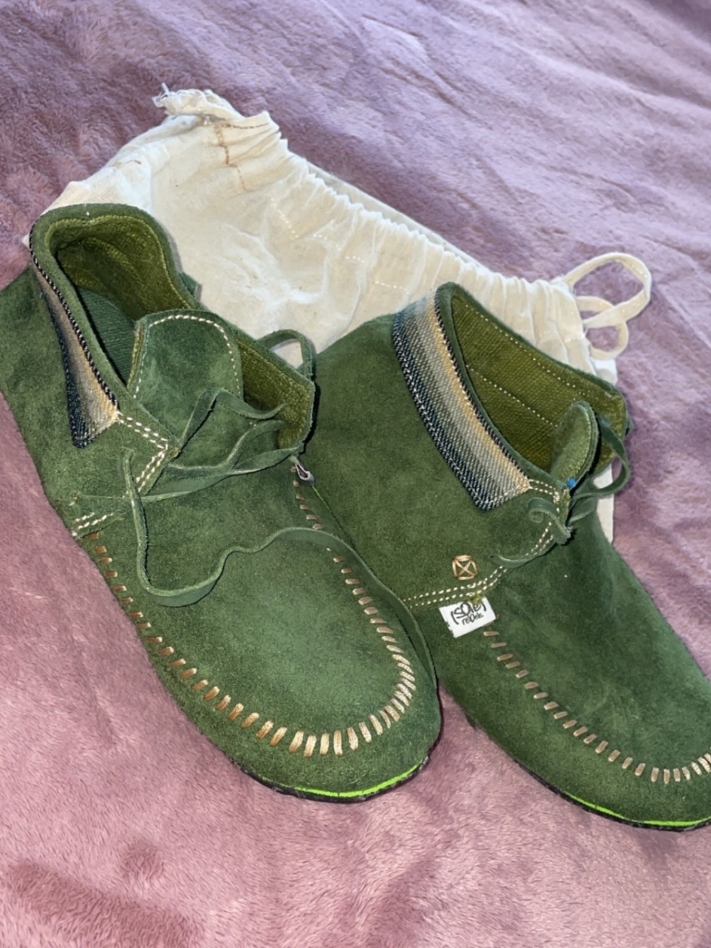 Sole Rebels Walk Naked Green Suede Shoes Size 8 Artisan Ethical Flats w/ Dust Ba